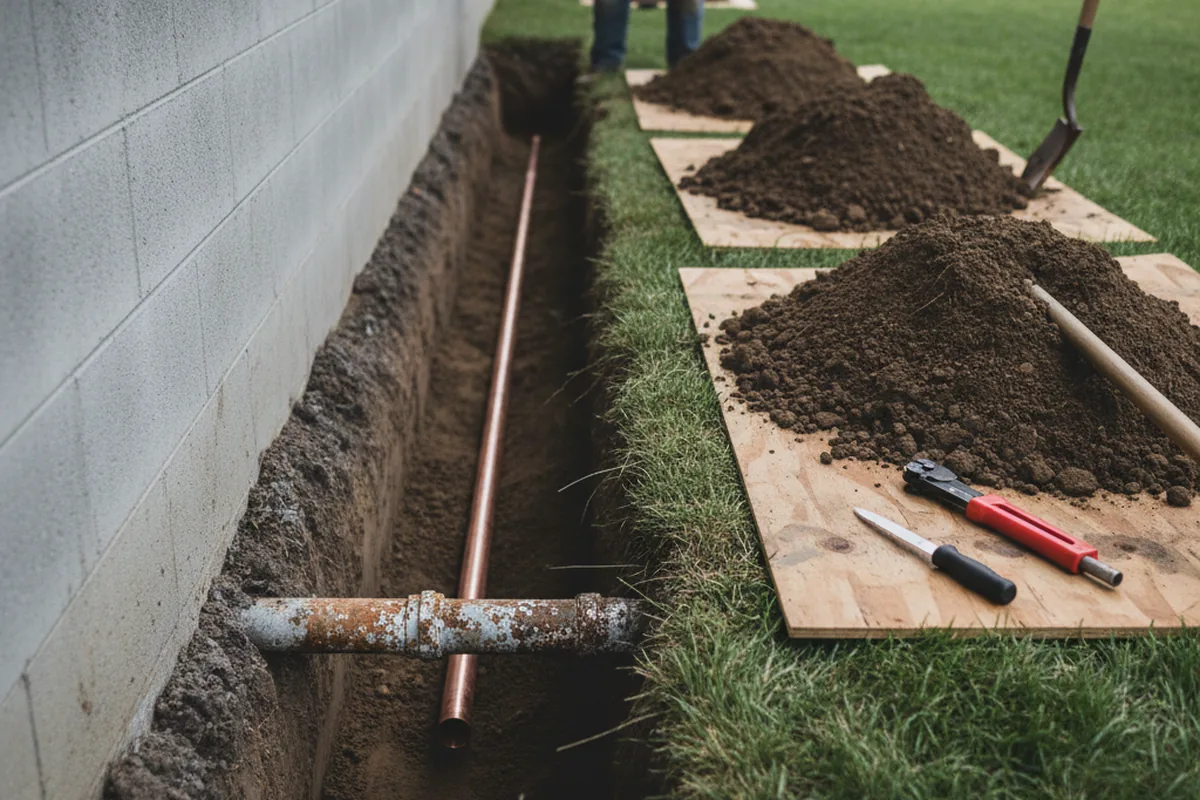 Excavated water line trench during Water Softener Installation in Princeville